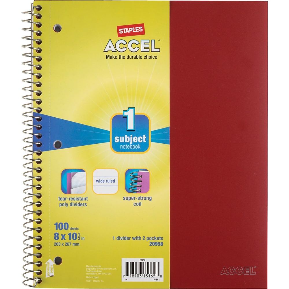 Staples Accel Durable Poly Cover Notebook Wide Ruled Red 8" x 101/2