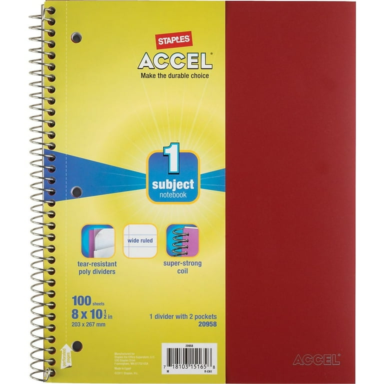 Staples Accel Durable Poly Cover Notebook Wide Ruled Red 8 
