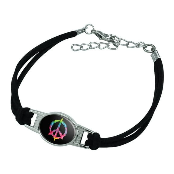 Tie Dye Peace Sign Novelty Suede Leather Metal Bracelet