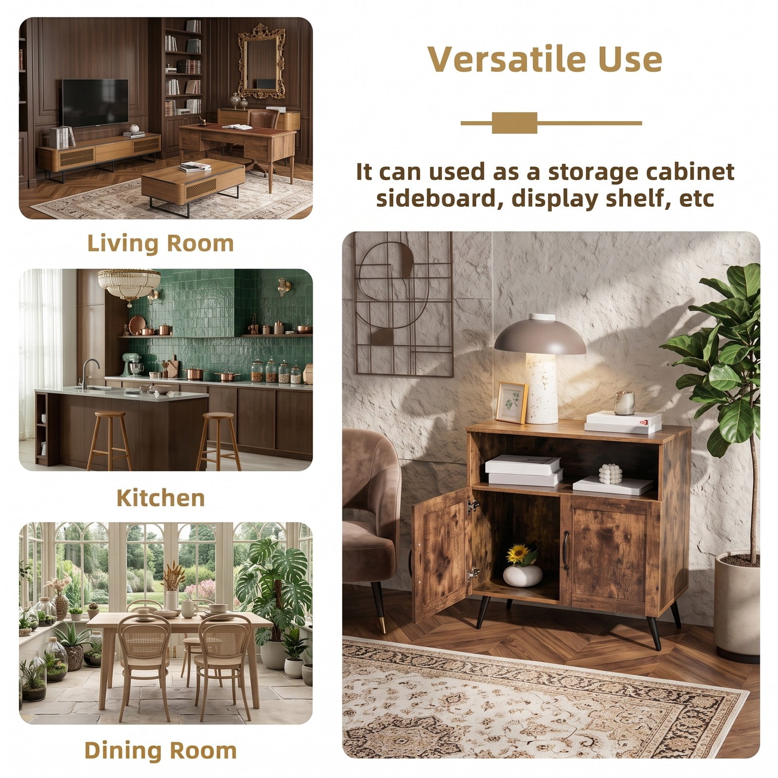 Furnibear Mid-Century Wooden Storage Cabinet Sideboard Buffet with Wine Glass Holders, Open Shelf, 2 Enclosed Cabinets for Living Room Dining Room Kitchen, Rustic Brown