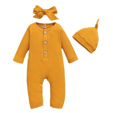 

OLLUISNEO Newborn Baby Girls Romper Winter Romper Solid Color Round Neck Long Sleeve One-piece Jumpsuit With Headband With Headband 3-6 Months Yellow