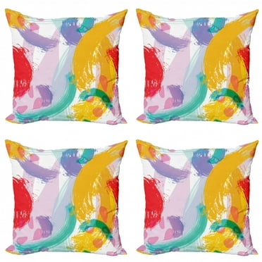 Abstract Throw Pillow Cushion Case Pack of 4, Watercolor Style Brush Strokes Pattern Curved Stripes Hand Drawn Illustration, Modern Accent Double-Sided Print, 4 Sizes, Multicolor, by Ambesonne