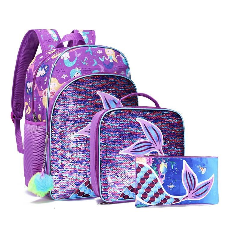 3PCS Mermaid Backpack for Girls, 16” Kids Sequin Bookbag with