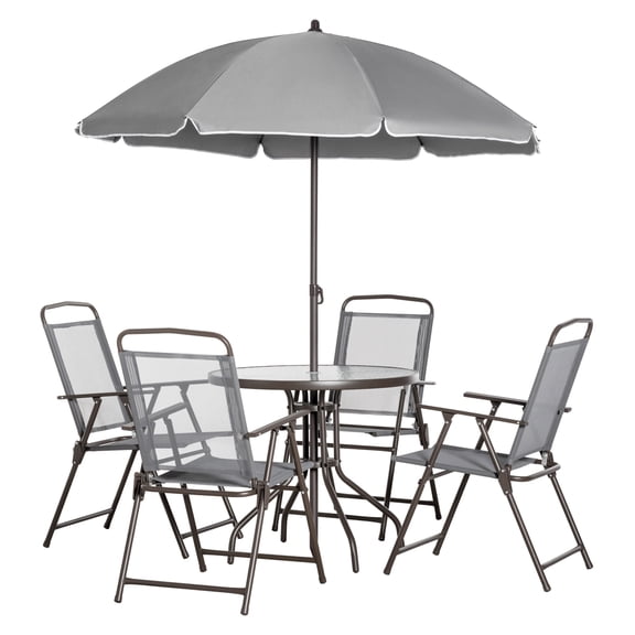 6 Piece Patio Dining Set for 4 with Umbrella, Folding Chairs & Glass Table - Gray Outdoor Furniture