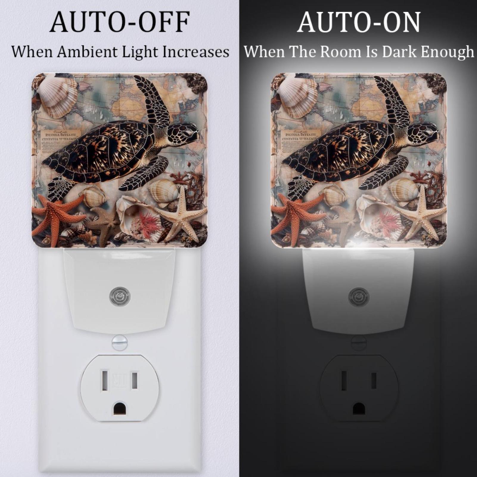 PhooArto Vintage Map Sea Turtle Starfish Plug in LED Night Light Auto Sensor Dusk to Dawn Decorative Night for Bedroom, Bathroom, Kitchen, Hallway, Stairs, Baby's Room, Energy Saving