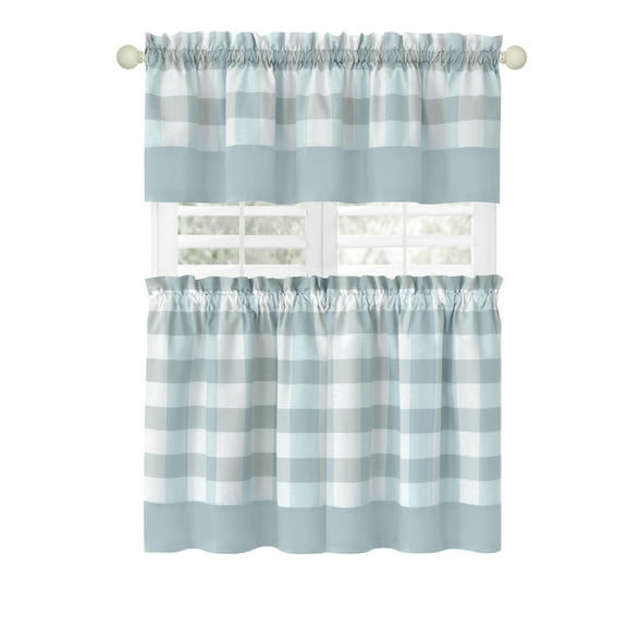 Woven Trends Kitchen Curtains and Valances Set, Classic Country Plaid Checkered Premium Cotton Blend, Cafe Curtains Tier & Valance Set, Rod Pocket, 57" x 24", Light Blue
