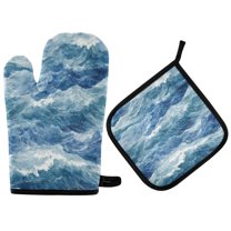 Yayeee Oven Mitts and Pot Holder Set of 4 Heat Resistant Kitchen Gloves Baking Hot Pad, Blue Watercolor Ocean Waves