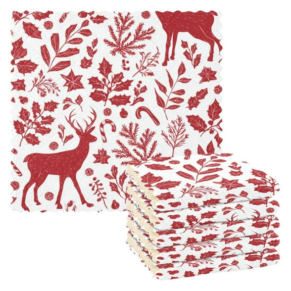 6 Pieces of Kitchen Towels 11x11Inch Kitchen Dish Cloths Kitchen Dish Towels Reuseable Cleaning Cloths Red Christmas Deer
