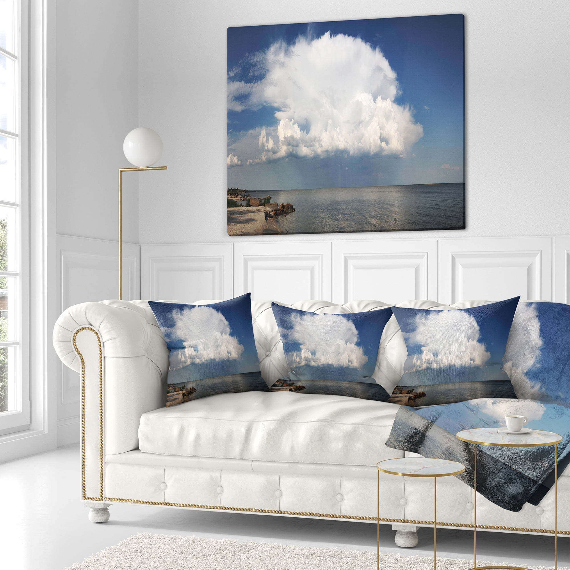 Designart Heavy White Cloud above Sea - Contemporary Landscape Printed Throw Pillow - 16x16