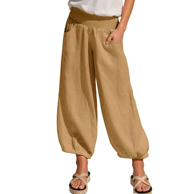 Womens Pants Lightweight Spring Summer Trousers for Women Linen Wide Leg Solid Color Elastic Waist Loose High Waisted with Pockets Pants Lounge Beach Trousers