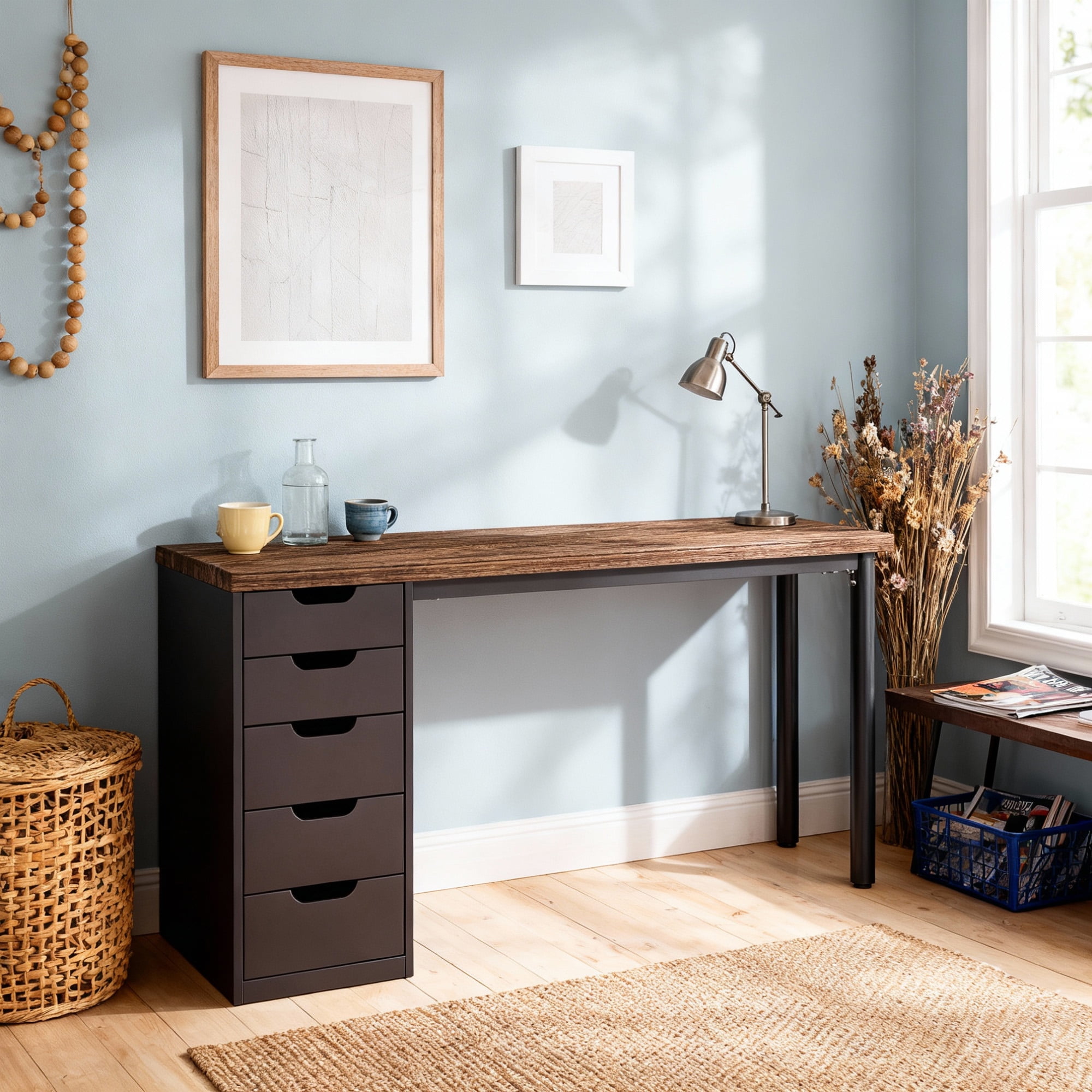 KIOOTTO 47" Computer Desk with 5 Drawers, Reversible Storage Cabinet and Compact Home Office Workstation, Brown