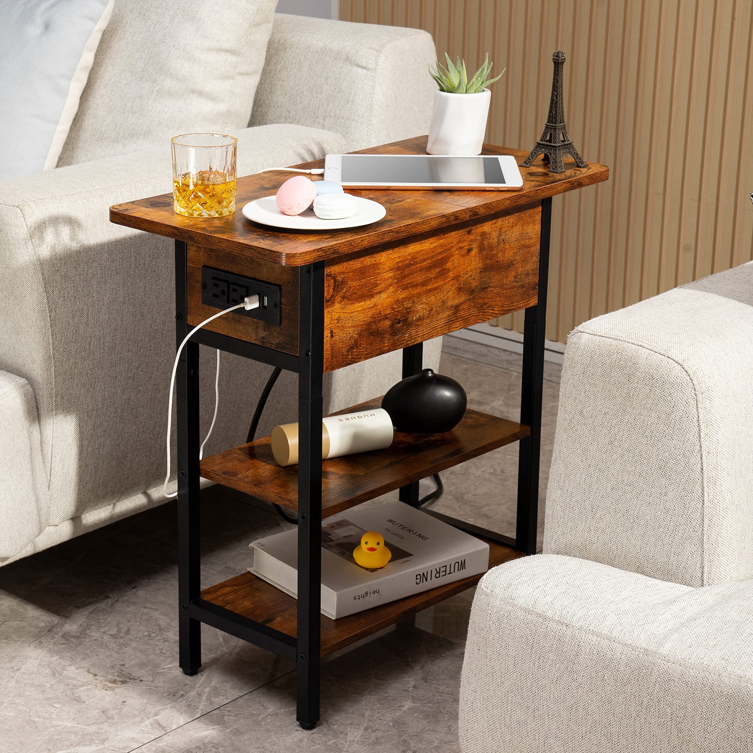 End Table with Charging Station, Flip Top Side Table for Living Room, Bedroom, Narrow Nightstand Bedside Table with Storage Shelves, Berry Brown