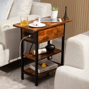 End Table with Charging Station, Flip Top Side Table for Living Room, Bedroom, Narrow Nightstand Bedside Table with Storage Shelves, Berry Brown