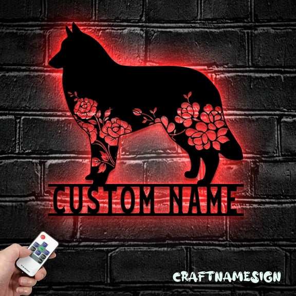 Craftnamesign Custom FLoral Belgian Tervuren Metal Wall Art LED Light, Flower Dog Lover Home Decor