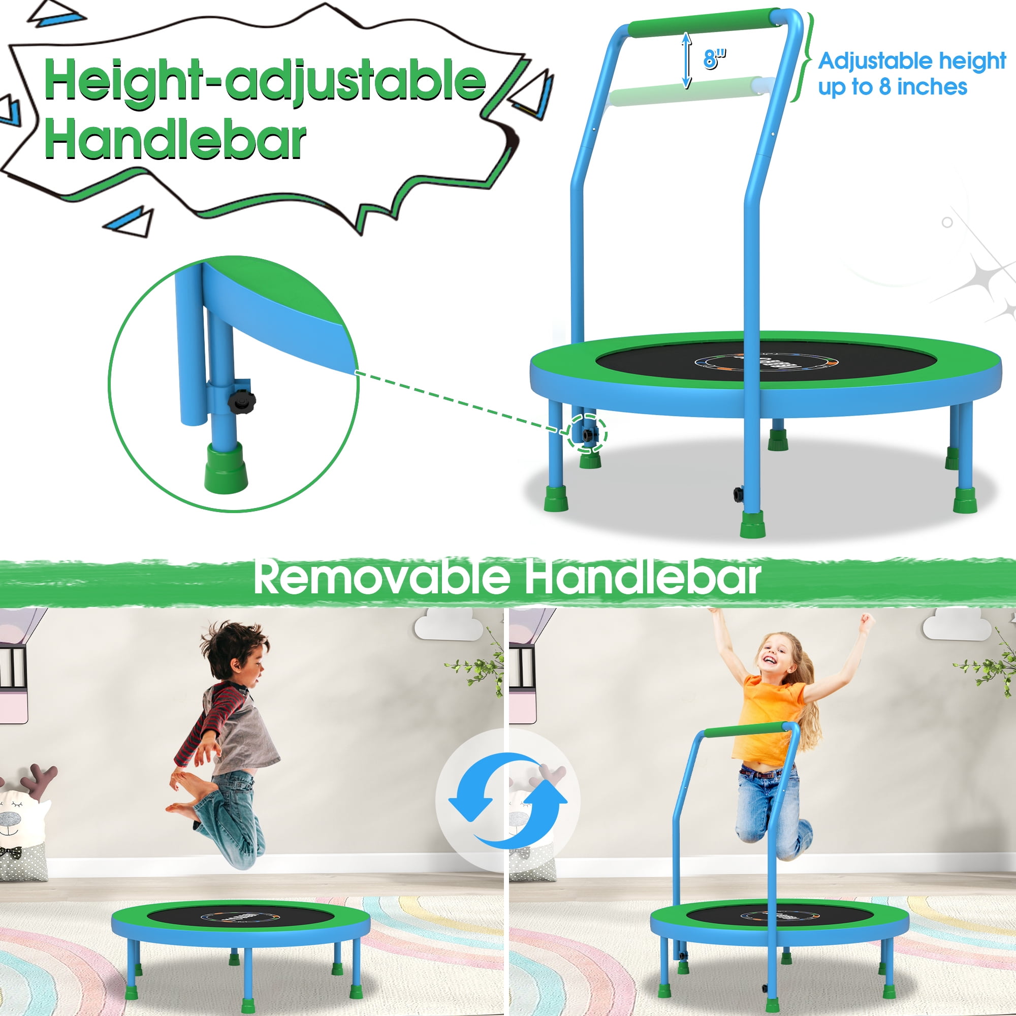 YORIN 36" Trampoline for Kids, 3FT Mini Indoor/Outdoor Foldable Toddler Trampoline with Adjustable Foam Handle, Small Rebounder Fitness Trampoline with No-Gap Padded Cover, Gift for Baby