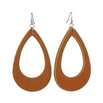 Women's Smooth Faux Leather Hollow Teardrop Dangle Pierced Earrings, Brown
