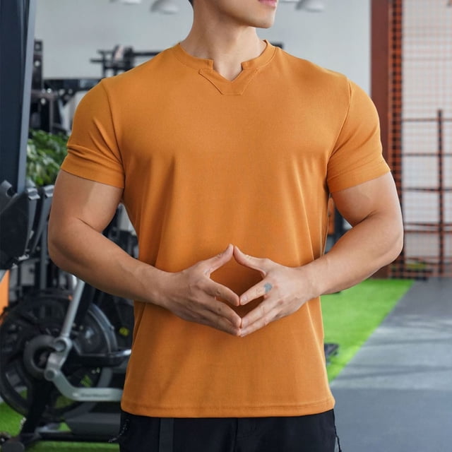 Blusas y camisas de manga corta con cuello en V para hombre, de verano, de manga corta, de color liso, con cuello en V, para fitness, de poliéster.