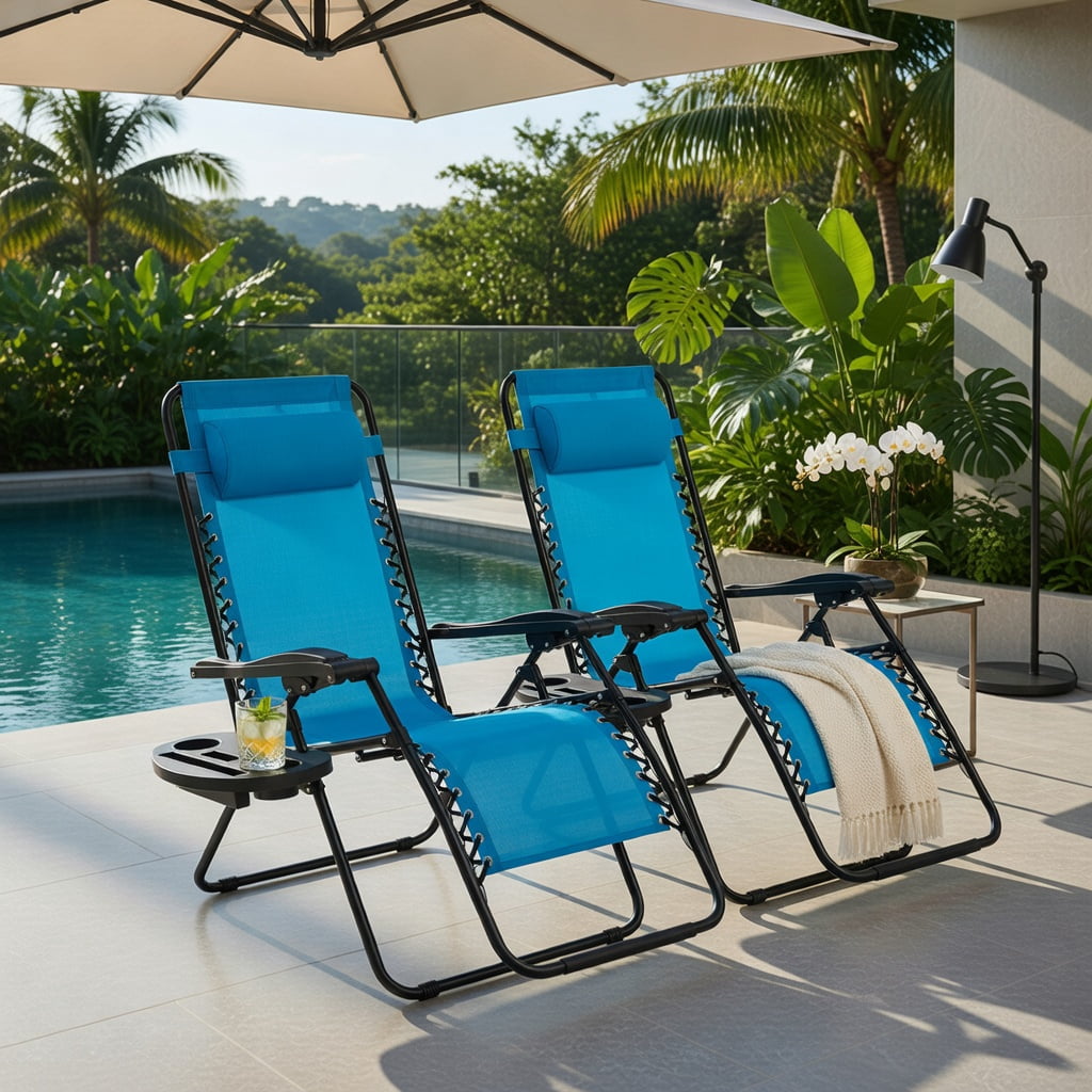 Hommoo Zero Gravity Folding Lounge Chair for Outdoor & Indoor Use, Heavy-Duty Steel Frame, Compact Foldable Design with Cup Holder & Adjustable Recline, Light Blue