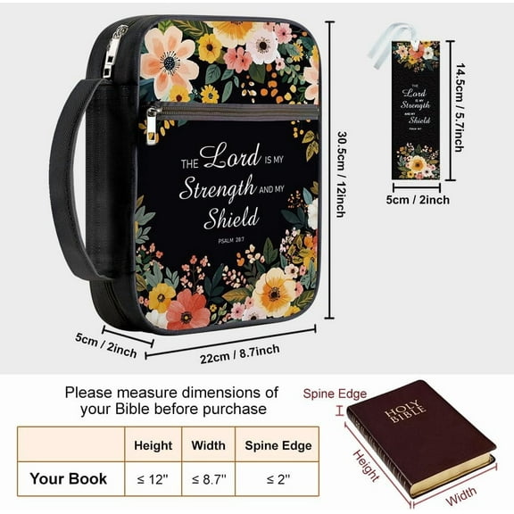 1pc Bible Covers with Handle 12x8.7 inch Flower Large Zippered Carrying Book Case Black Bible Protective with Pocket and Bookmarks for Women Men Bible Note Books Carrying Accessories