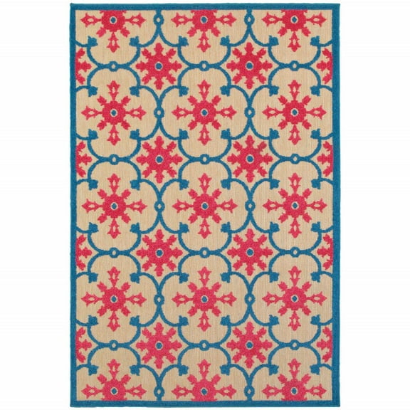 2' X 3' Blue and Beige Oriental Stain Resistant Indoor Outdoor Area Rug