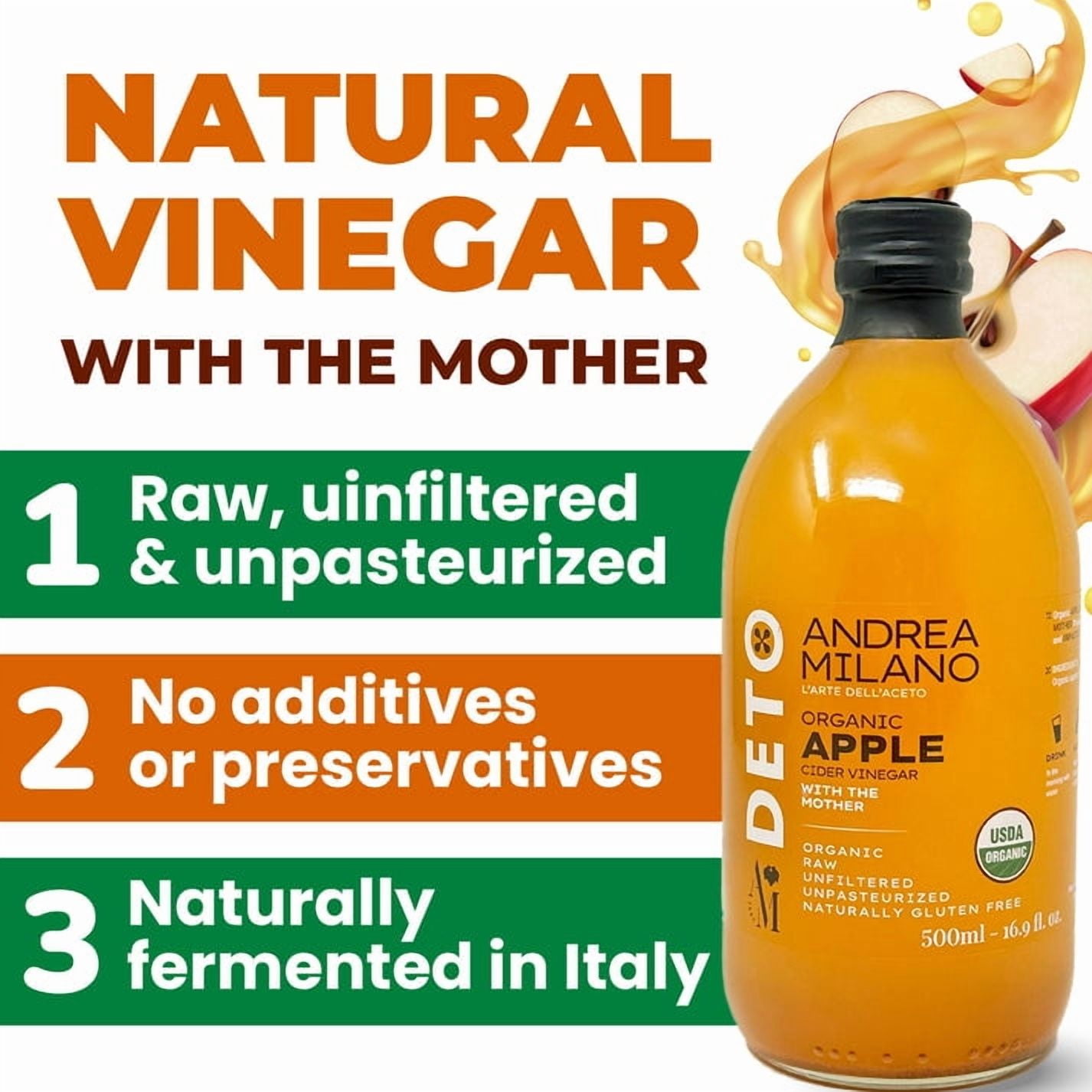 Andrea Milano Organic Apple Cider Vinegar, 3 Bottles – Non-GMO, Vegan, Bulk, Glass Bottle