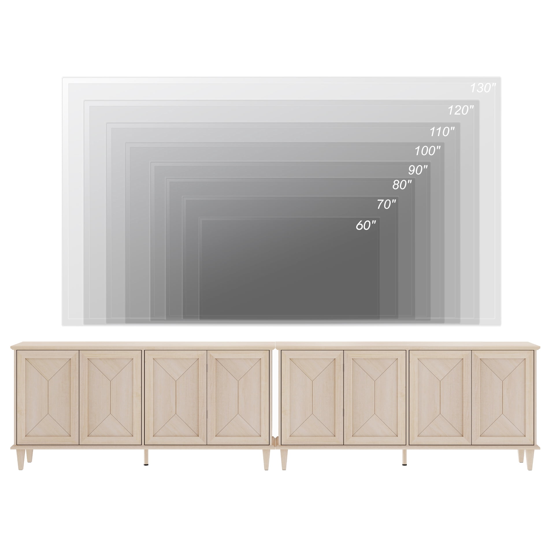 WAMPAT 130-inch Large Double Unit TV Stand for 85-130+ inch TVs, Modern Farmhouse Media Console with Handcrafted Patchwork Doors, Massive Storage with Adjustable Shelves & Cable Management, Light Oak