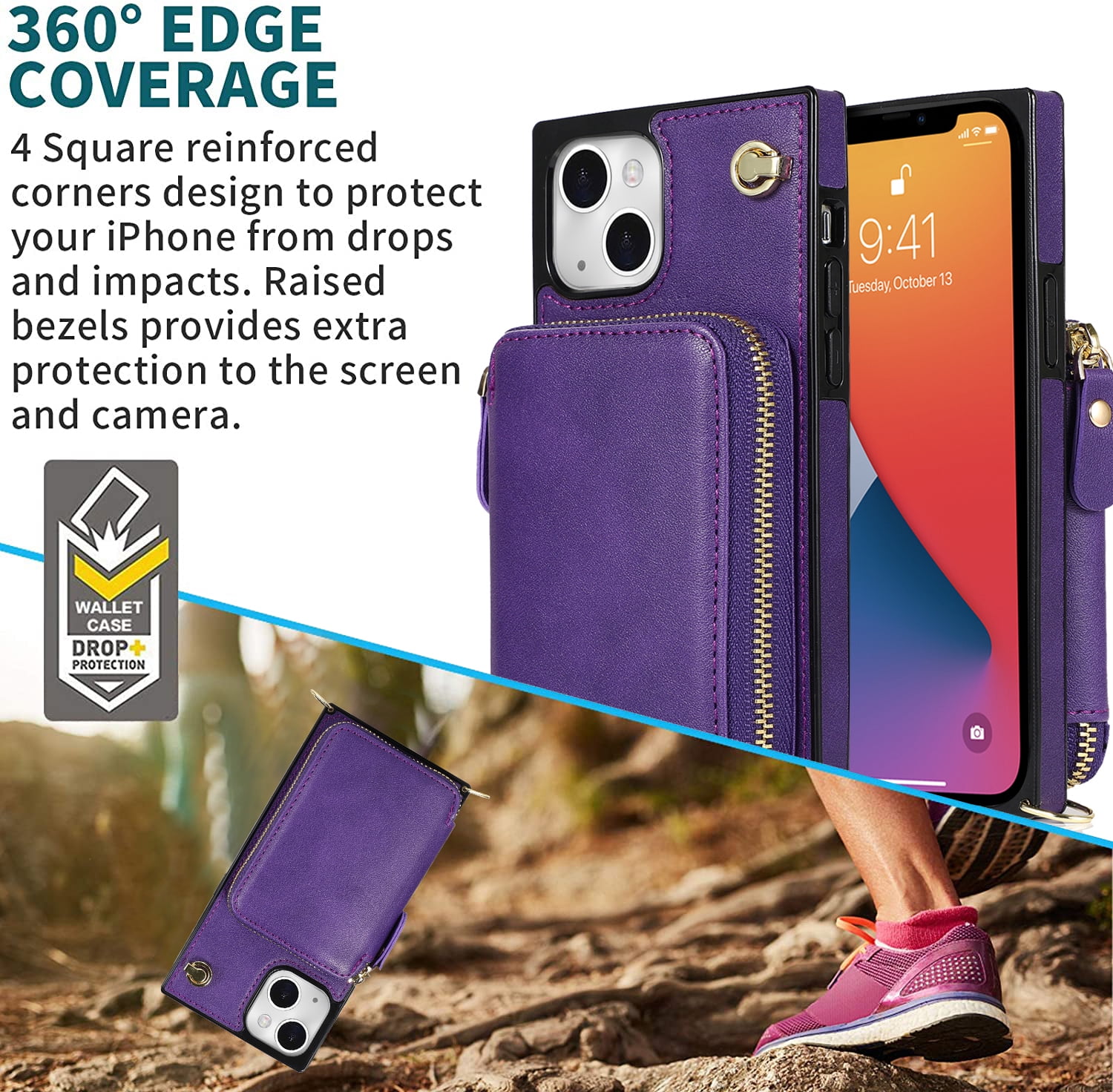 TECH CIRCLE For iPhone 7 / 8 / SE 2022 & 2020 Wallet Case,Card Holder Phone Case for Women, Zipper PU Leather Purse Kickstand Folio Flip Case with Crossbody Strap for Apple iPhone 7 8 SE 2022,Purple