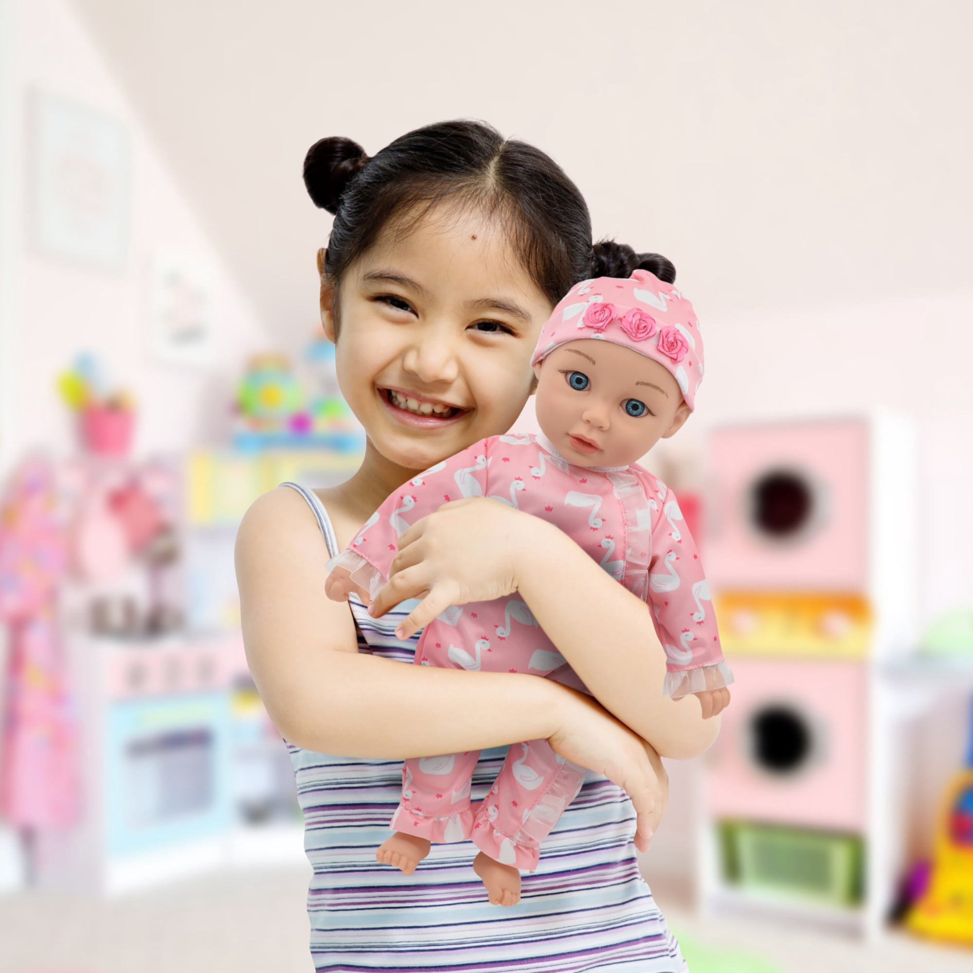 Little Darlings: 14" Kiss N Tickles Baby Doll - Pink, White, Swan - Soft Body, Sounds, Light Up Cheek, Accessories, New Adventures, Toddler Kid Age 2+