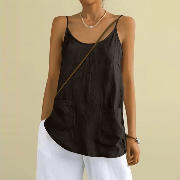 Women's Cotton Linen Tank Top Oversized Crewneck Sleeveless Spaghetti Strap Camisole Top Summer Plus Size Beach Vacation Camis with Pockets
