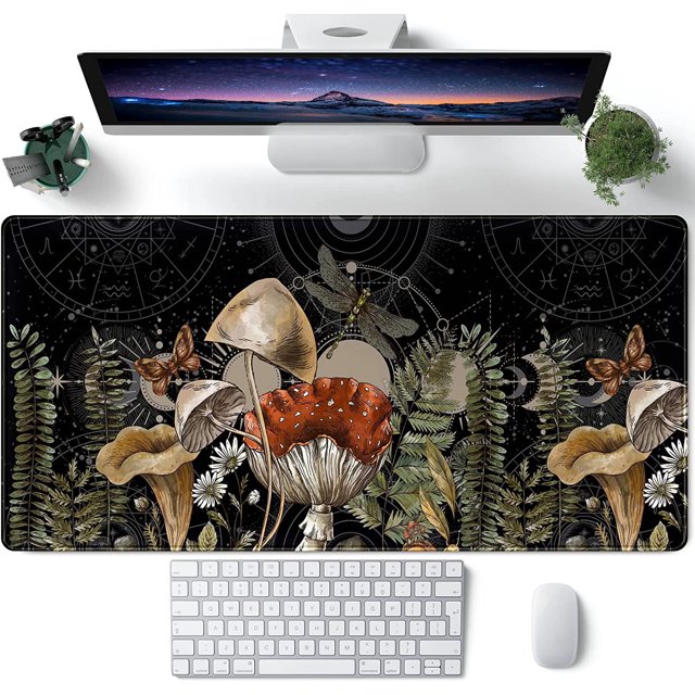 Cute Forest Witch Magic Mushroom Desk Mat Black Large Extended Mouse Pad XXL Desk Pad Gaming Mousepad Keyboard Mouse Mat for Computer Laptop 31.5''''X15.7'''' Non-Slip Rubber Base with Stitched Edges