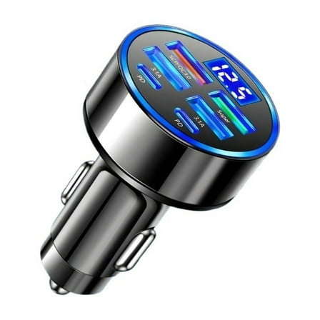 6 in 1 Digital Display Car Charger 4USB 2PD Support Super Fast Charging DC12-24V Multi Port