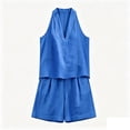 thumbnail image 4 of Cagogo Women's 2 Piece Tank Top Shorts Set Loose V Neck Sleeveless Casual Summer Cruise Outfits Solid Boho Vacation Clothes Matching Lounge Sets Airport Travel, Blue 2XL, 4 of 5
