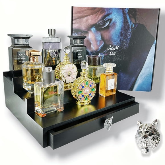 Organizador clásico de madera para colonia para hombre, negro, 3-4 niveles | Caja de regalo de diseño y decoración con tirador de león | Estante de exhibición con soporte de Colonia con cajón | Elemen