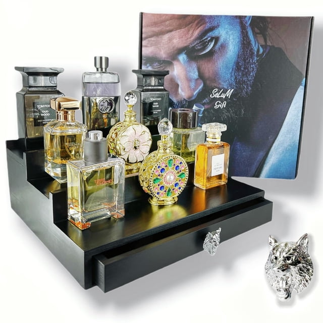 Organizador clásico de madera para colonia para hombre, negro, 3-4 niveles | Caja de regalo de diseño y decoración con tirador de león | Estante de exhibición con soporte de Colonia con cajón | Elemen