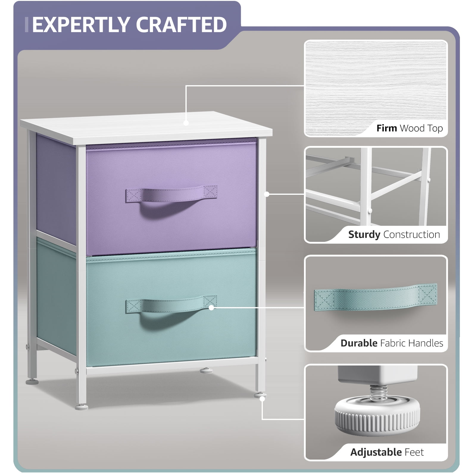 Sorbus 2-Drawer Nightstand 2-Pack – Purple/Aqua Bedside Table for Kids, Dorm, Bedroom, Office