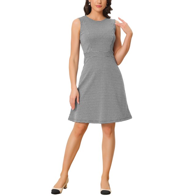 INSPIRE CHIC Vestido sin mangas de corte ajustado y acampanado de cuadros de Houndstooth por encima de la rodilla XL Negro Houndstooth