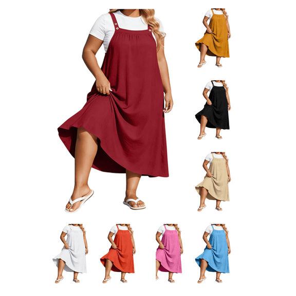 Busydd Plus Size Overall Maxi Dresses for Women Fashion Square Neck Wide Straps Fall Dress Casual Oversized Loose Solid Color Sleeveless Dress XL