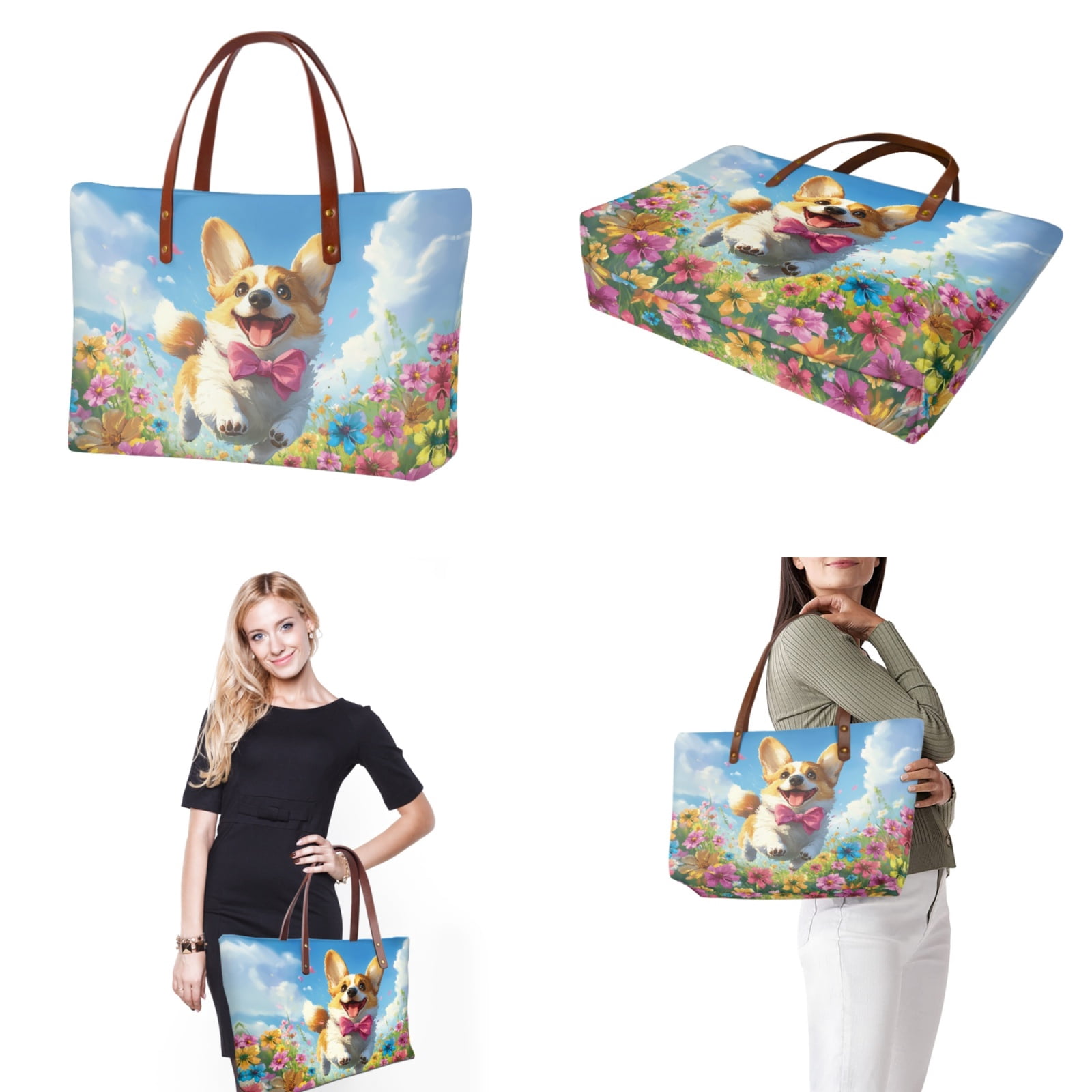 ZUXONGSY Corgi Daisy Flower Print Handbag with Matching Wallet for Women Waterproof Top Handle Bag Shoulder Bag Top Handle Satchel Lightweight Money Organizers for Shopping Wor