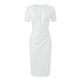 thumbnail image 5 of Casual Pleated Round Neck Short Sleeve Waist Midi Dress for Everyday Wear - Versatile Solid Color Womens Casual Dress, White, S, 5 of 5
