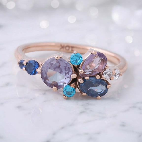 Cluster Round Alexandrite wedding band Unique Rose gold Multi Gemstone Stackable ring women Moissanite ring Birthstone ring Promise ring