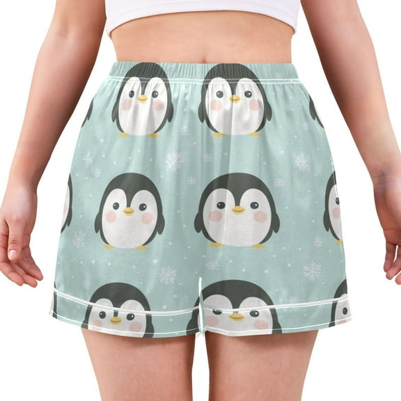 Women's Satin Pajama Shorts Cute Penguin Seamless with Pockets, Elastic Waist Sleep Lounge Shorts
