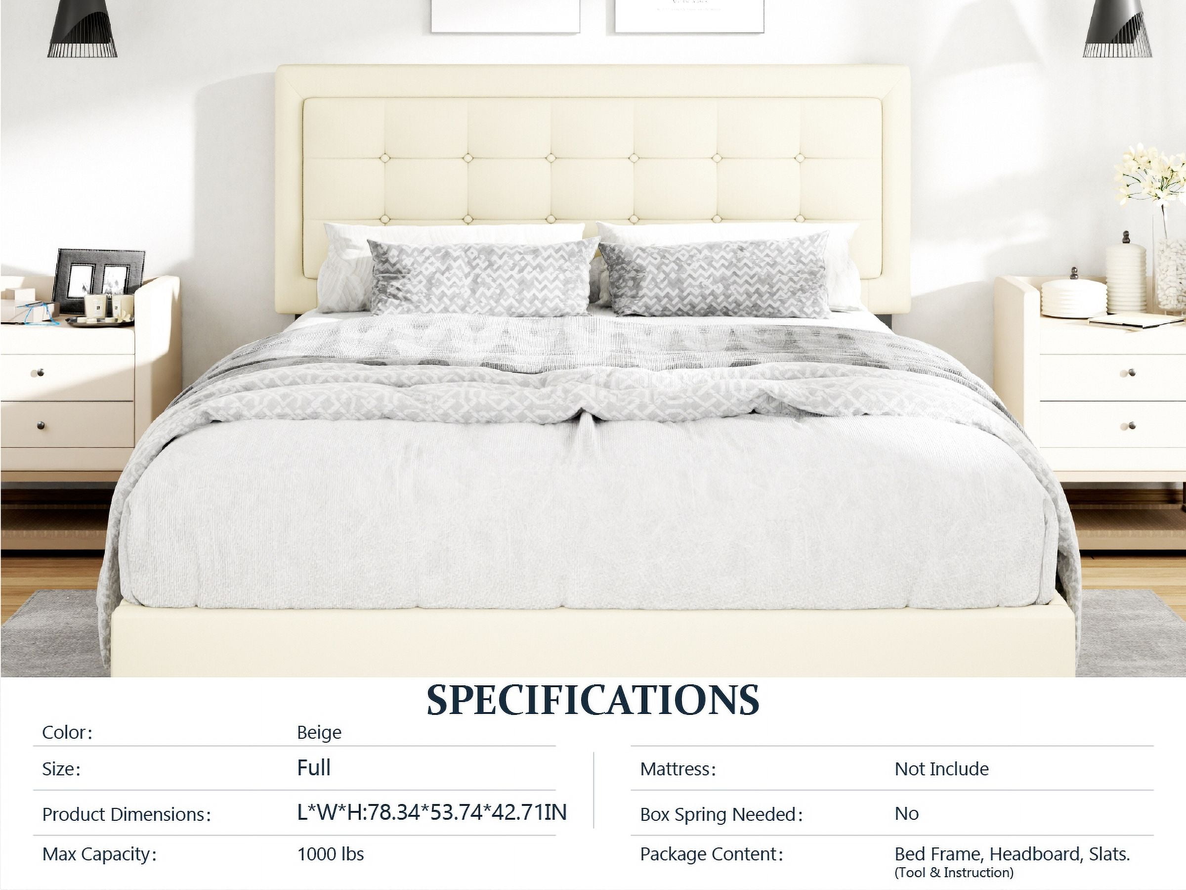 Unizone Full Size Bed Frame with Velvet Upholstered Headboard, Button Tufted Design,Wood Slats Support, No Box Spring Needed, Noise Free, Easy Assembly, Beige