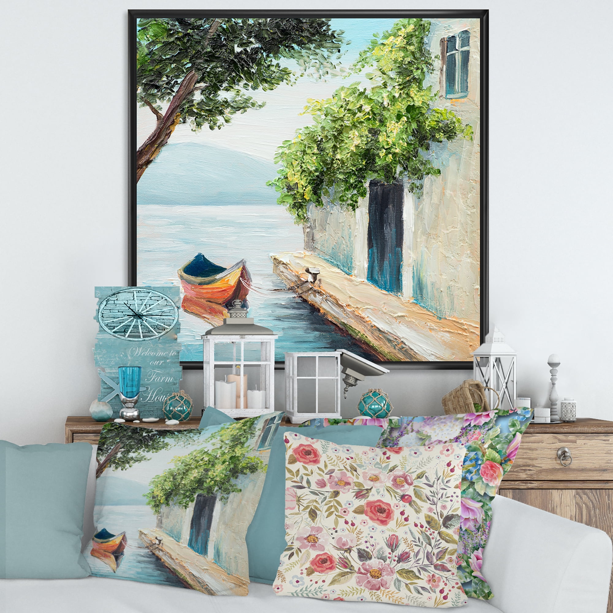 Designart 'A Beautiful Summer Day With Gondola In Venice' Nautical & Coastal Framed Canvas Wall Art Print