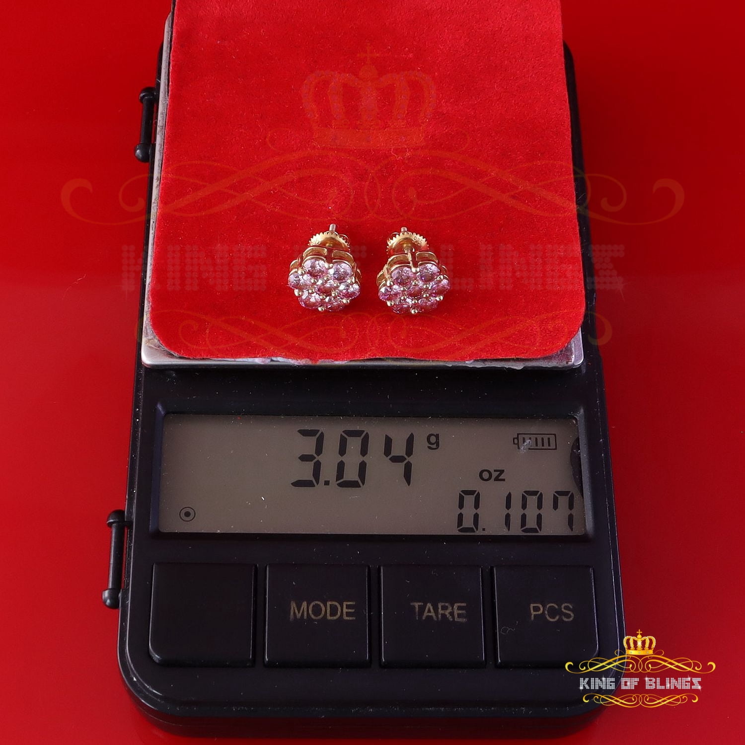 King of Bling's 925 Silver Yellow 2.25ct VVS D Pink Moissanite Floral Mens/Women's Stud Earrings