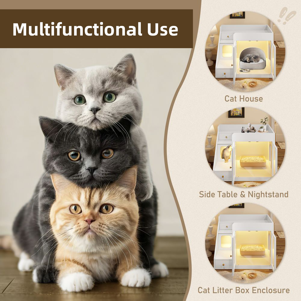 LUMAMIN Cat Litter Box Enclosure with Light, Hidden Litter Box Enclosure Furniture with 2 Drawers, Indoor Cat House Washroom End Table for Cats, White