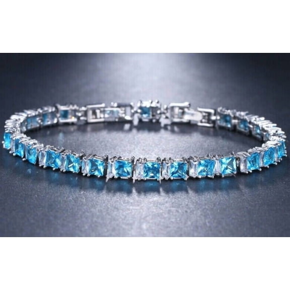5 Ct Princess Women's Tennis Bracelet Lab-Created14K White Gold Plated Simulated Blue Topaz