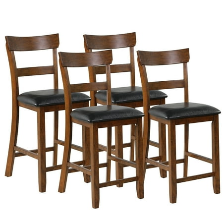 Gymax Set of 4 Barstools Counter Height Chairs w/Leather Seat & Rubber Wood Legs