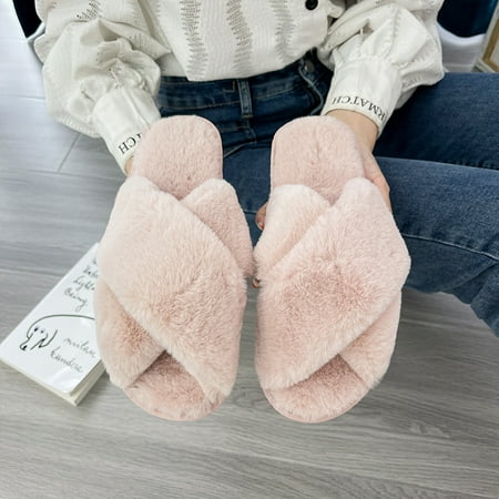 

Homgreen Women’s Woolen slippers at home cross toe outer wear woolen slippers women s flat cotton towed warm women s shoes