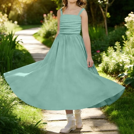 Spazoro Girls Midi Camisole Dresses Solid Sleeveless A-Line Square Neck Casual Summer Dresses for Girls Green Size 7-8