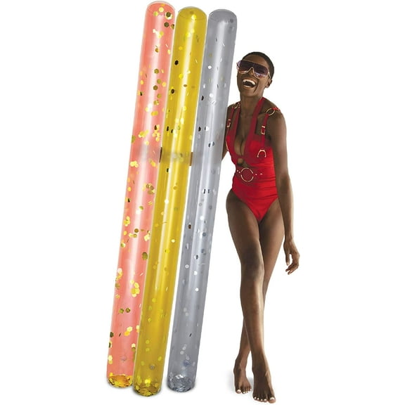 POZA Inflatable Pool Noodles - Premium Jumbo Pool Noodles in Gold, Rose Gold, and Silver, Sparkly Confetti-Filled Pool Noodle Floats for Adults, Kids, Pool Noodles for Water Games, Pool Party - 3 Pack